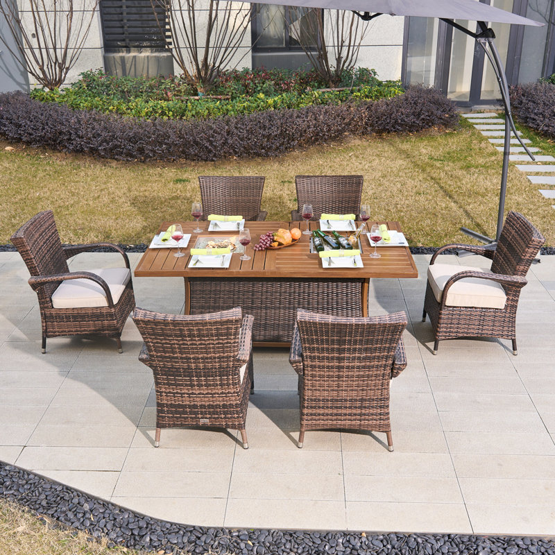 6 - Person Wicker Patio Dining Set with Square Table , Cushions Included, Brown