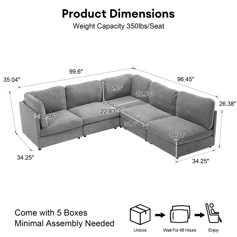 5 Piece Modular Sectional Sofa, Gray Polyester Blend
