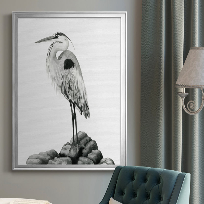 Shoreline Heron en toile encadrée de qualité supérieure - prêt à accrocher, H 30,5 po x l 22,5 po x P 1 po, Cadre argenté