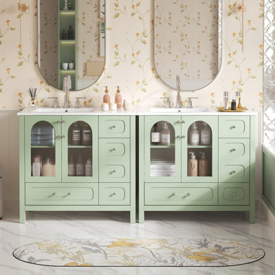 Meuble-lavabo de 72 po avec portes en verre texturé gaufré, finition fraîche, style moderne, rangement intelligent, huit tiroirs, quatre comptoirs doubles, tablette réglable, charnières lisses, rails coulissants, s'adapte à tous les décors