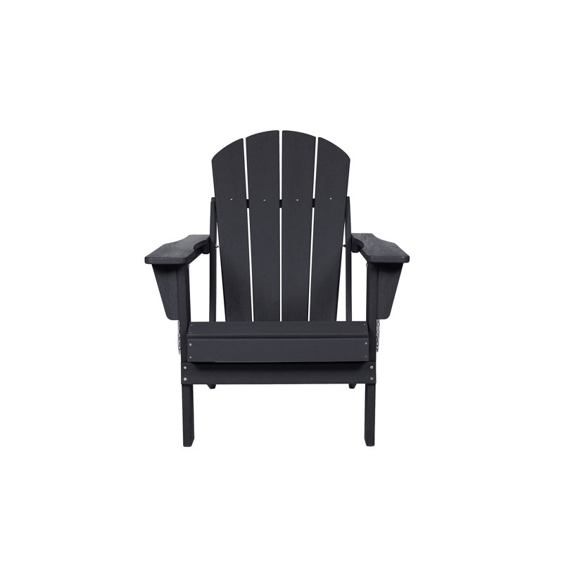 HDPE Folding Adirondack Chair With Dual Cup Holder - Composite Adirondack Chair With Wood Texture- Black, Black