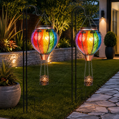 2-Piece Hot Air Balloon Solar Lantern Set with Metal Shepherd Hooks | Rainbow Glass Hanging Lights, Flickering Flame Effect, Efficient Solar Panels & Waterproof Outdoor Design