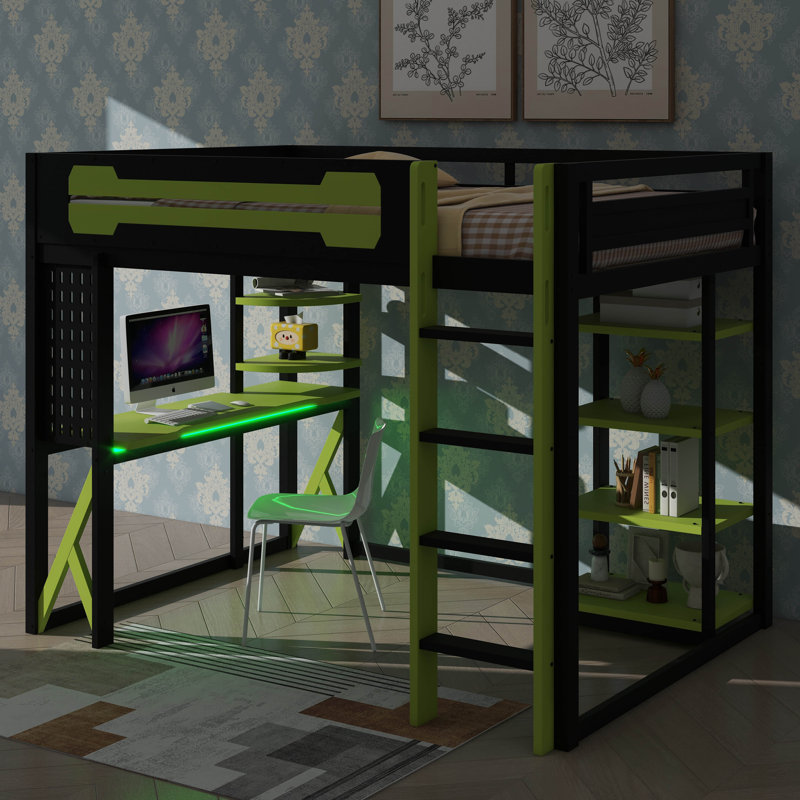 Space-Saving Loft Bed with Workstation, Open Shelves, Built-in Outlets & Ambient Light, Black/Green