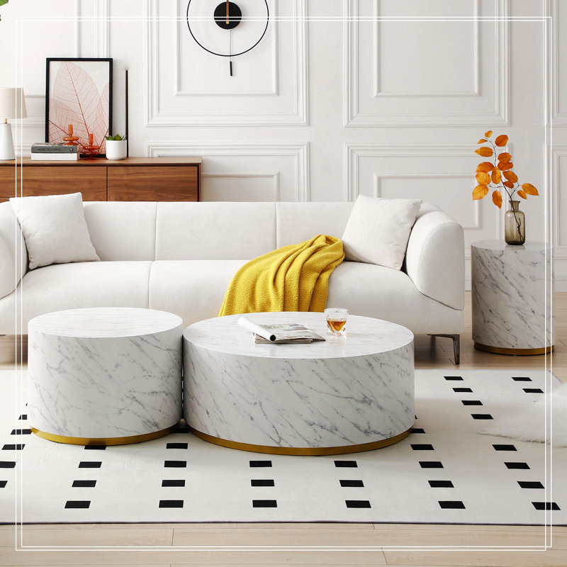 Ensemble de 3 tables basses rondes en marbre, Blanc
