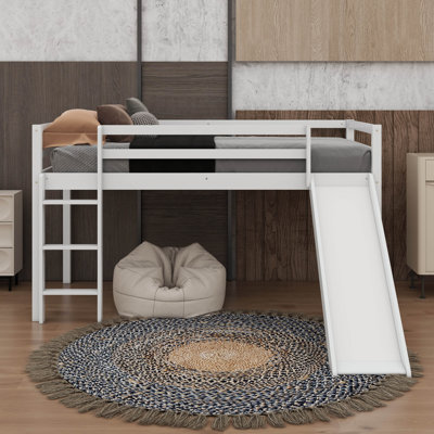 Twin Loft Bed With Ladder And Slide Incorporating Safety Guard Rails