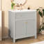 Meuble-lavabo gris avec lavabo en céramique de style contemporain, base en bois massif, espace de rangement pratique et fonctionnel