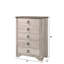 Commode à 5 tiroirs de style maison de campagne avec finition en bois flotté, plateau vieilli et poignées à anneau traditionnelles pour un charme rustique