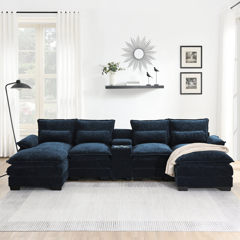 U-Shape Chenille Sectional Sofa With Cup Holders And USB Charger, Dark Blue Chenille