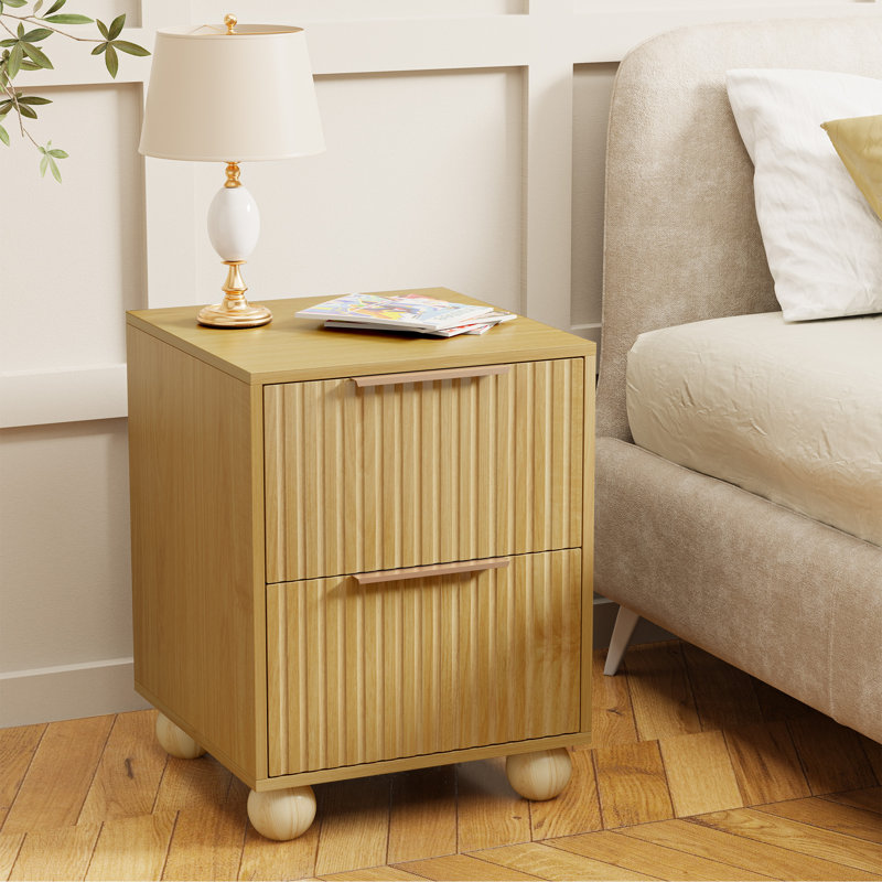 Fluted Nightstand with Spacious Storage Drawers, Bedside Table with Solid Wood Round Legs, Natural Oak