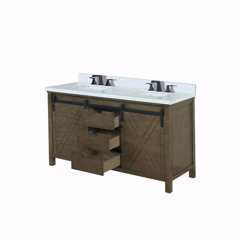 Ensemble de meuble-lavabo à double cuve 60 po x 22 po de profondeur, Brun, Marbre de culture blanc