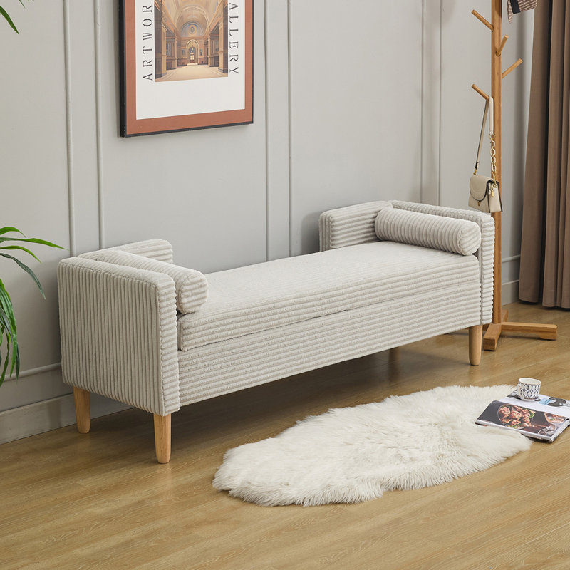 Upholstered Flip Top Storage Bench With Bolster Pillows, Light Gray