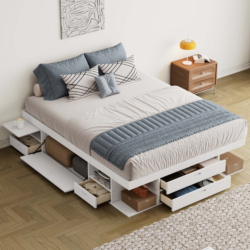 Base de lit plateforme de rangement avec plusieurs tiroirs et tablettes