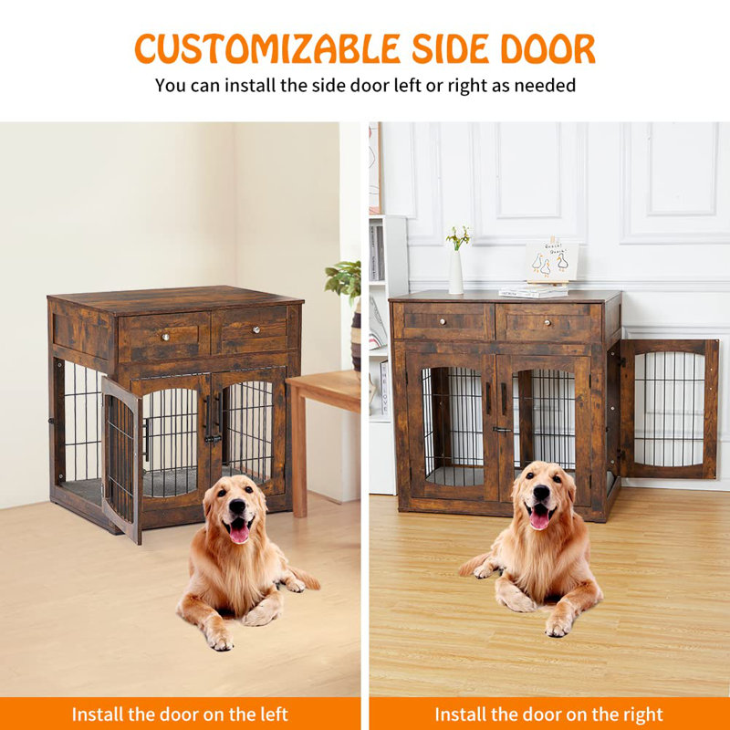 Brown Wooden Dog Crate Table with Drawers