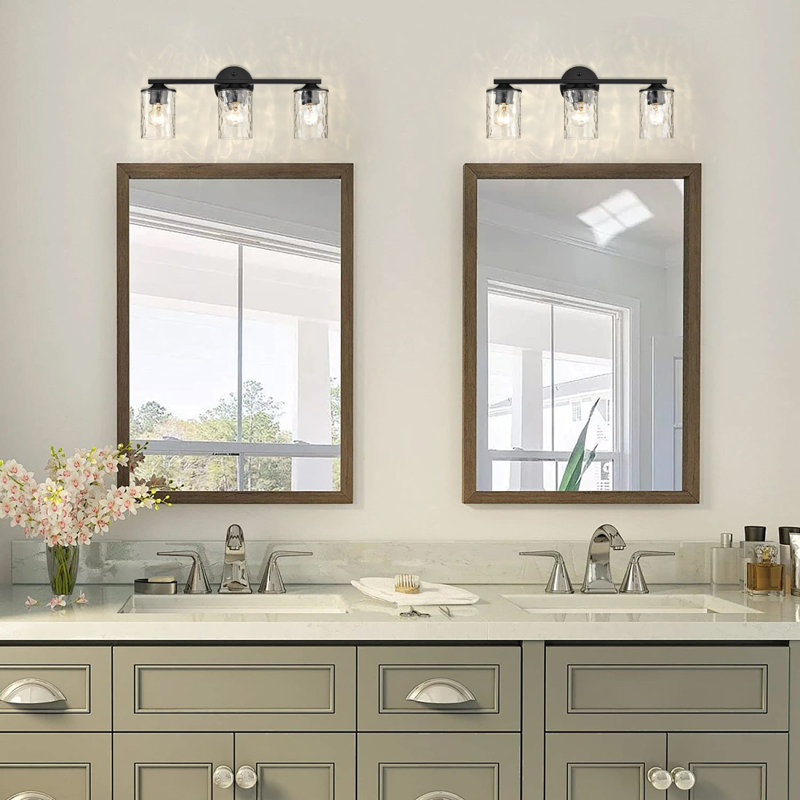 3 lumières 21 po Éclairage pour meuble-lavabo noir mat avec abat-jour en verre transparent martelé, Noir mat, Trois lumières