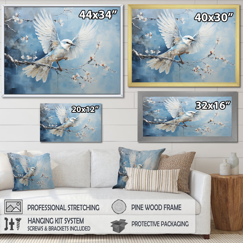 «Blue Hues A Serene Scene Of Birds I», reproduction sur toile, Cadre flottant blanc, H 12 po x l 20 po x P 1 po