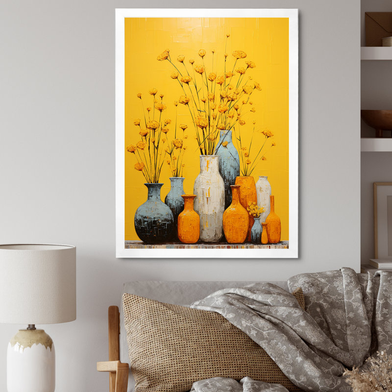 Minimalisme, poteries jaunes sur toile, H 40 po x l 30 po x P 1,5 po, Cadre simple blanc