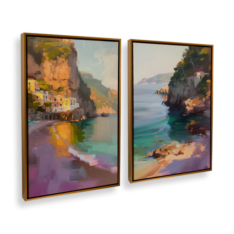 Ensemble de 2 impressions Amalfi Sunset Glow, 30 po x 20 po, Cadre flottant or poli