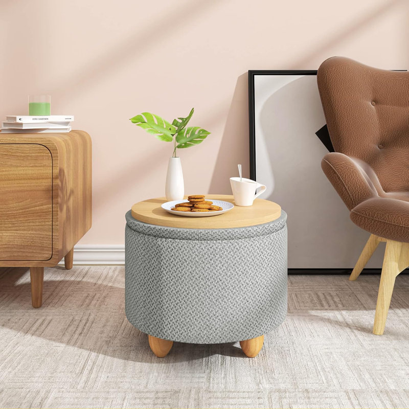 Othella 39cm Wide Round Ottoman with Storage, Gray Linen