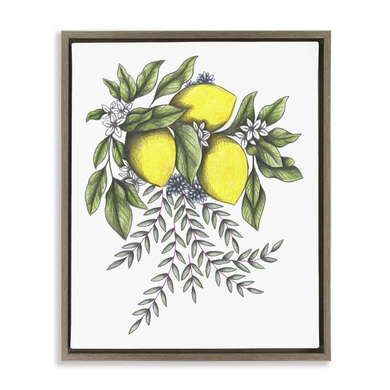 Cadre flottant avec croquis citrons et fleurs, design par Cecilia Battaini, H 31 po x l 25 po, Cadre flottant orme Montalcino