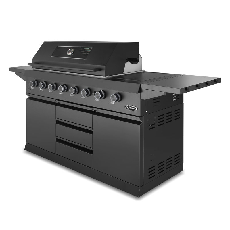 Barbecue à gaz Cosmo 58 po, collection Newport, 6 brûleurs, plaque de cuisson latérale, rôtissoire infrarouge, voyants DEL sur les boutons, noir mat