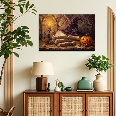 Rétro d'Halloween, art mural sur toile avec bougie, citrouille et chapeau magique