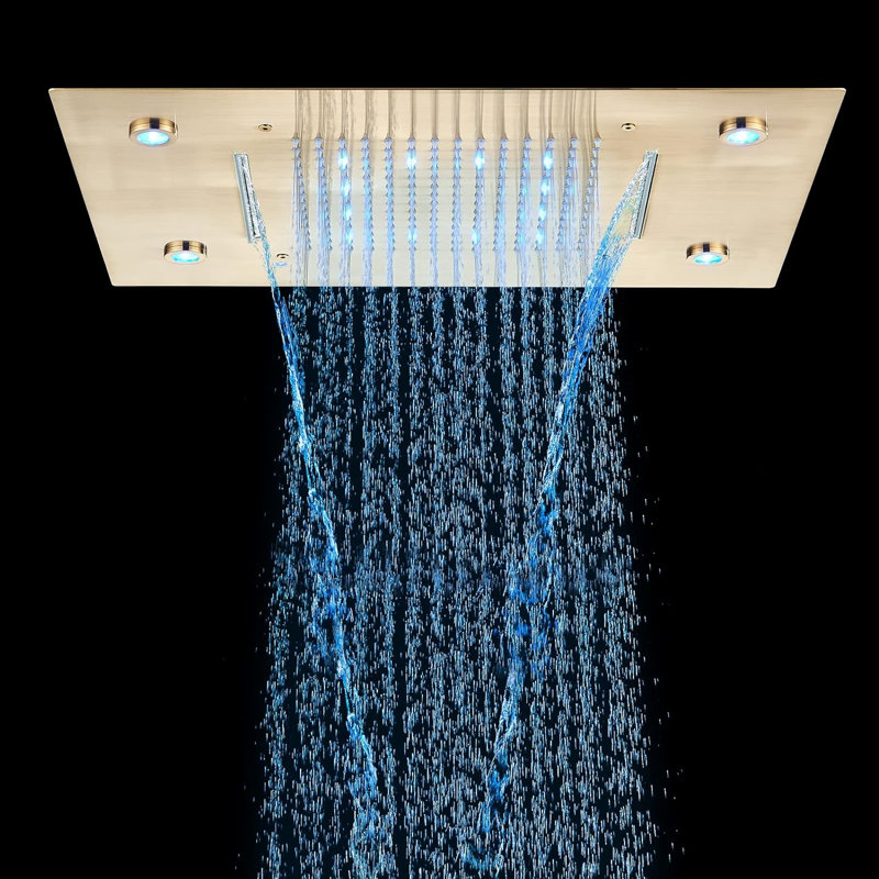 Luxury LED Shower Head Rainfall Waterfall Top Spray High pressure Ceiling Mount, Gold