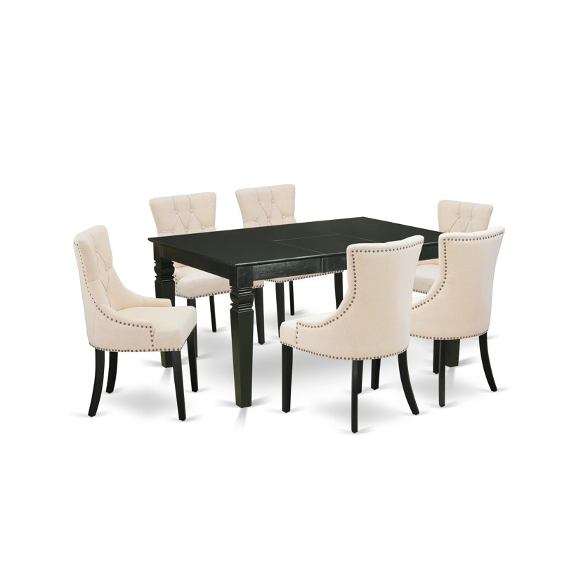 7 Piece Dinette Set Consist of a Rectangle Dining Room Table with Butterfly Leaf and 6 Light Beige Linen Fabric Upholstered Chairs, Black