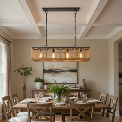 Luminaire suspendu 4 lumières, toile de jute tressée, métal industriel noir en cage 40 po