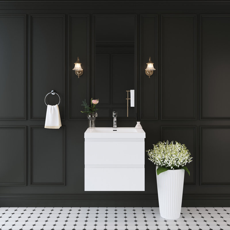 Meuble-lavabo suspendu de 61 cm (24 po), rangement mural avec lavabo, comptoir en résine, tiroirs à fermeture amortie, plomberie facile, conception durable.