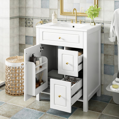 Meuble-lavabo de 24 pouces avec lavabo en céramique, 1 porte à fermeture en douceur, 2 tiroirs à fermeture en douceur et 2 supports de rangement sur la porte