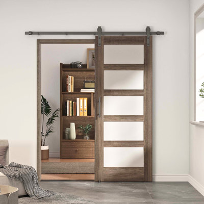 DOOR HARBOR 32in x 80in Pre-Assembled Sliding Barn Door with 6ft ALL-IN-ONE Black Hardware Kit, 5-Lite Frosted Glass Design, Solid Core, Walnut Veneer Primed, with One-Piece Track, Handle and Lock