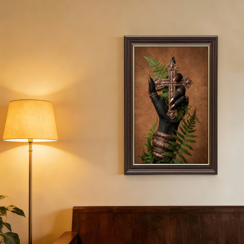 Art mural antique sur toile encadré doré pour le salon, la chambre à coucher, le bureau ou le vestibule - Décoration murale décorative avec croix foncée