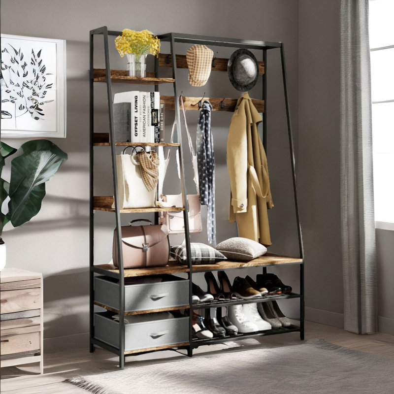 9 - Hook Coat Rack Hall Tree Stand With Shoe Storage Industrial Hallway Bedroom Furniture