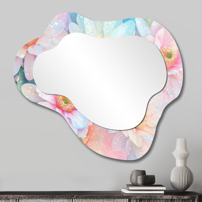 Grand miroir mural rustique en forme de nuage - Rosée du matin de fleurs de cactus de couleur pastel, imprimé sur métal