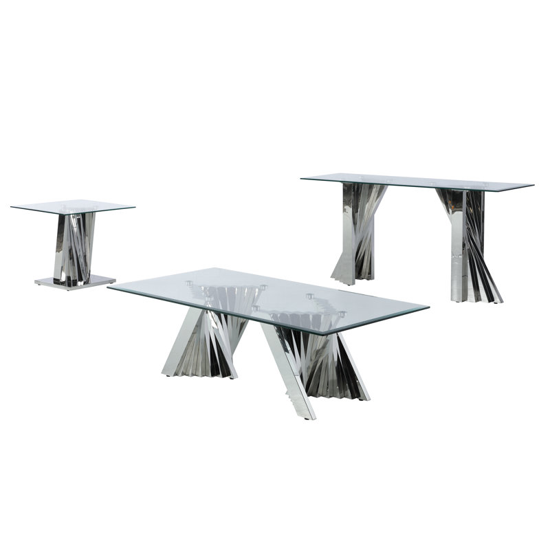 Silver Stainless Steel and Glass 3-Piece Coffee Table Set