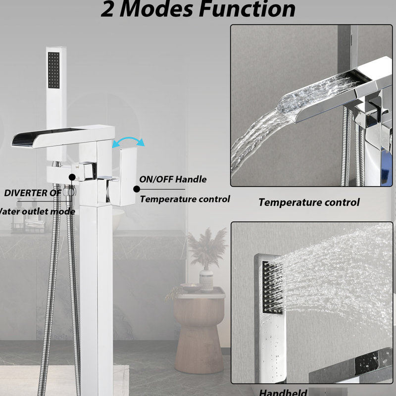 Robinet de baignoire de finition avec douche à main et robinet à poignée levier à fixation au sol, Chrome chrome