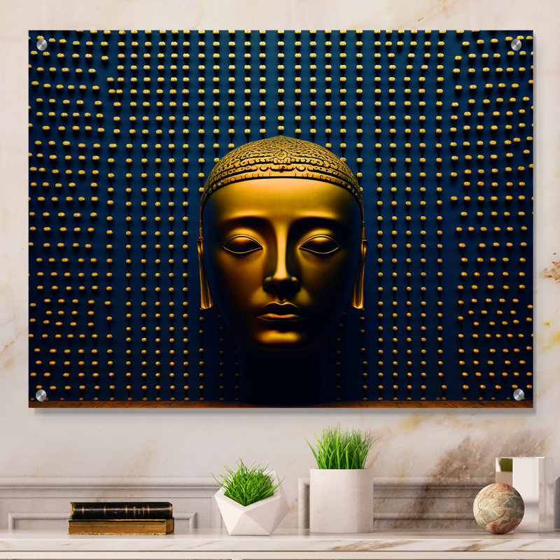 Bouddha contemporain en or et bleu III - Art mural acrylique décoratif, H 30 po x l 40 po