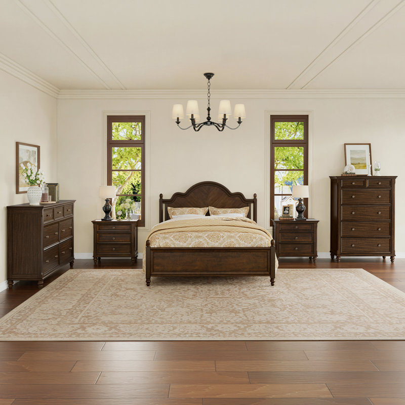 Mid-Century Modern Solid Wood Bedroom Set, Dark Walnut, 5 Pcs: Bed, Chest, Dresser, 2 Nightstands, Queen