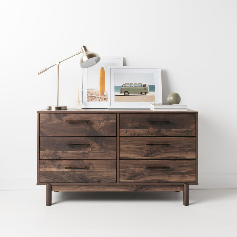 Dark Brown 6-Drawer Walnut Wood Dresser with Goldtone Handles