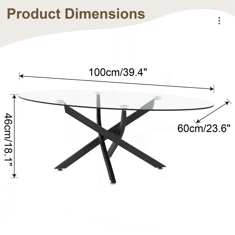 Table basse OVAL, table d'appoint en verre de 39,37 po avec pieds noirs, table à thé moderne pour le salon, Noir