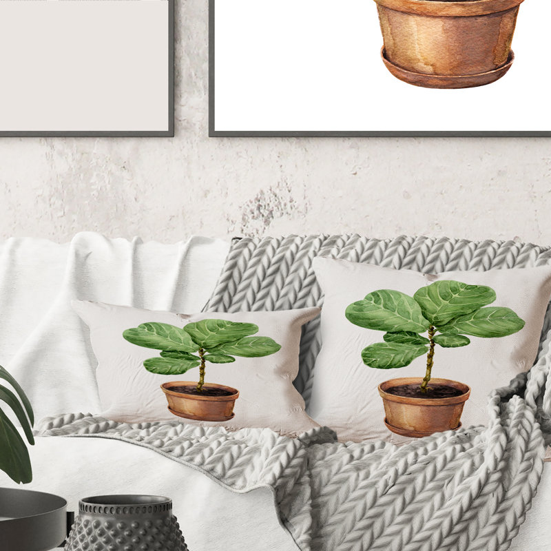 Carré, Ficus Lyre dans un pot de fleurs en argile - Coussin décoratif à imprimé traditionnel, 16" x 16"