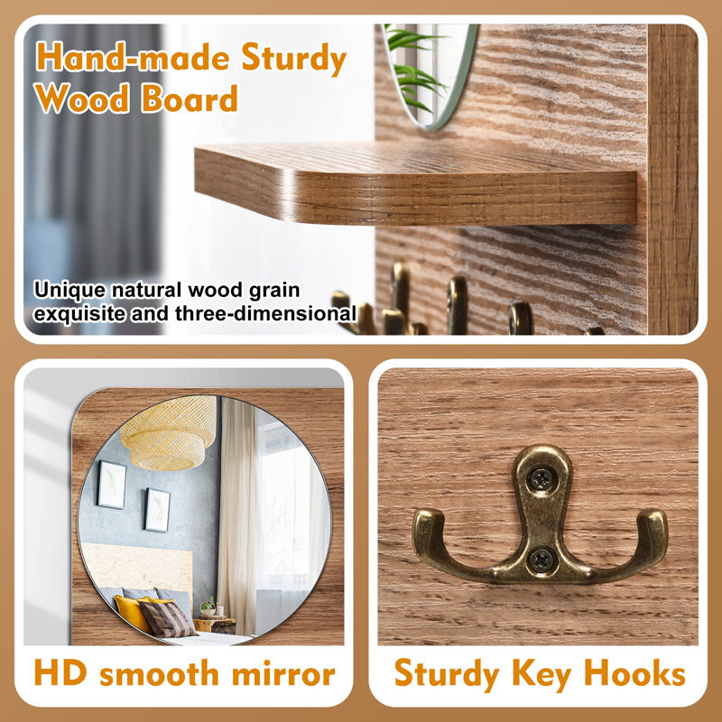 Key Holder For Wall With Shelf,Wooden Key Rack With Key Hook With Mirror And 4 Key Hooks For Rustic Entrances Hallways Living Rooms And Bedrooms 16"X12"