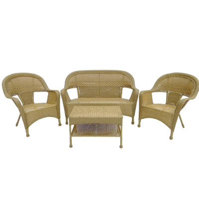 4 Piece Honey Brown Wicker Loveseat Chairs and Table Patio Furniture Set 50"