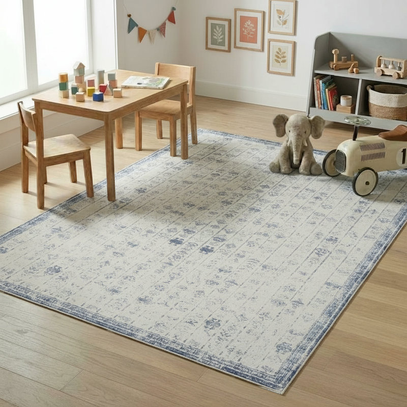 Performance Ornate Traditional Vintage Blue/Gray/Ivory Waterproof Rug, Rectangle 7'10" x 9'10"