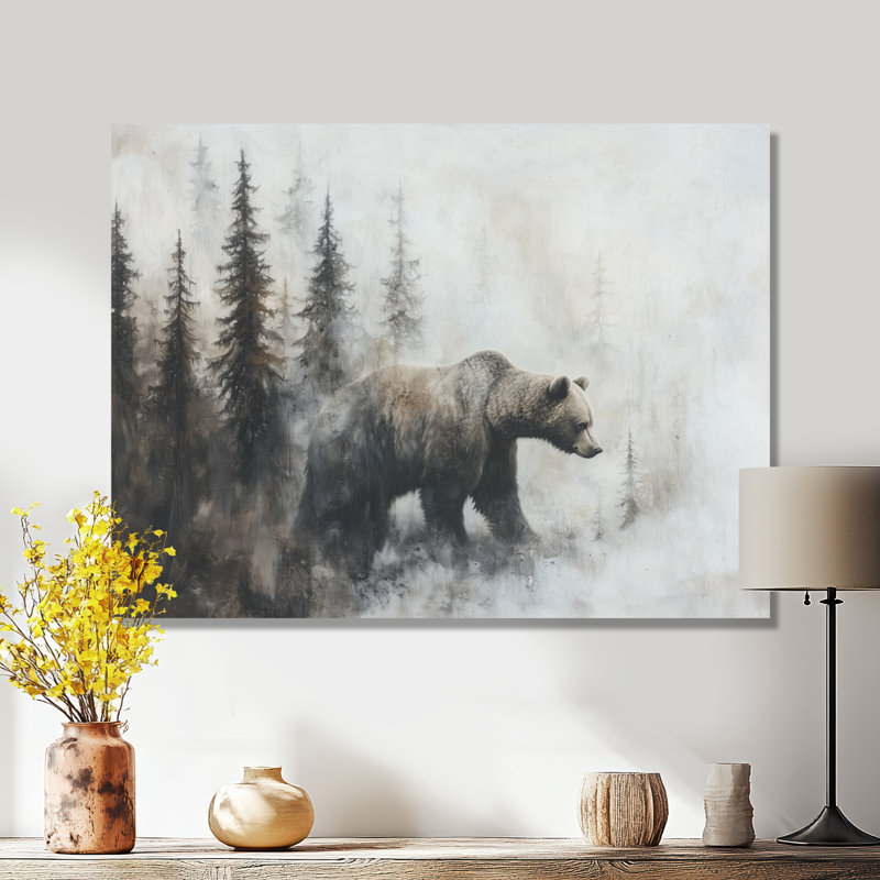 Ours dans le brouillard, forêt, paysage II, H 16 po x l 32 po, Toile tendue, Ne s’applique pas