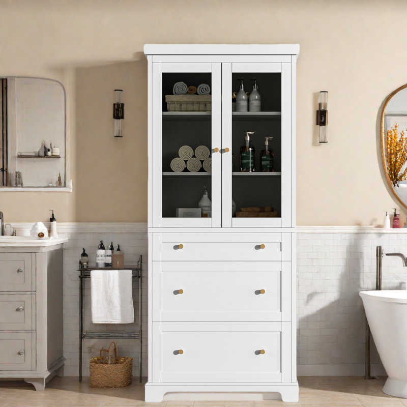 Armoire de salle de bain haute autoportante moderne avec 2 tablettes réglables, 3 tiroirs et portes à fermeture douce, Blanc