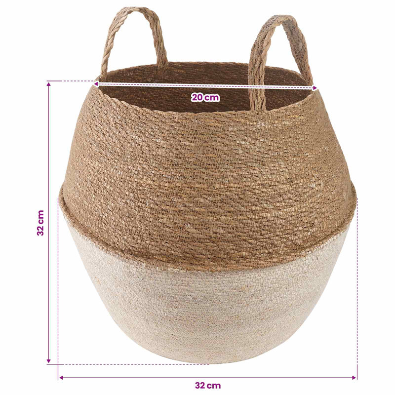 Plant Pot with Handles 100% Seagrass Woven Planter Cylindrical Holder, 32cm H x 32cm W x 32cm D, White, 2