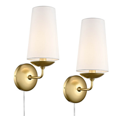 Portofino Brass Hard-Wired & Plug In Wall Sconce Fabric Shade Set Of  2