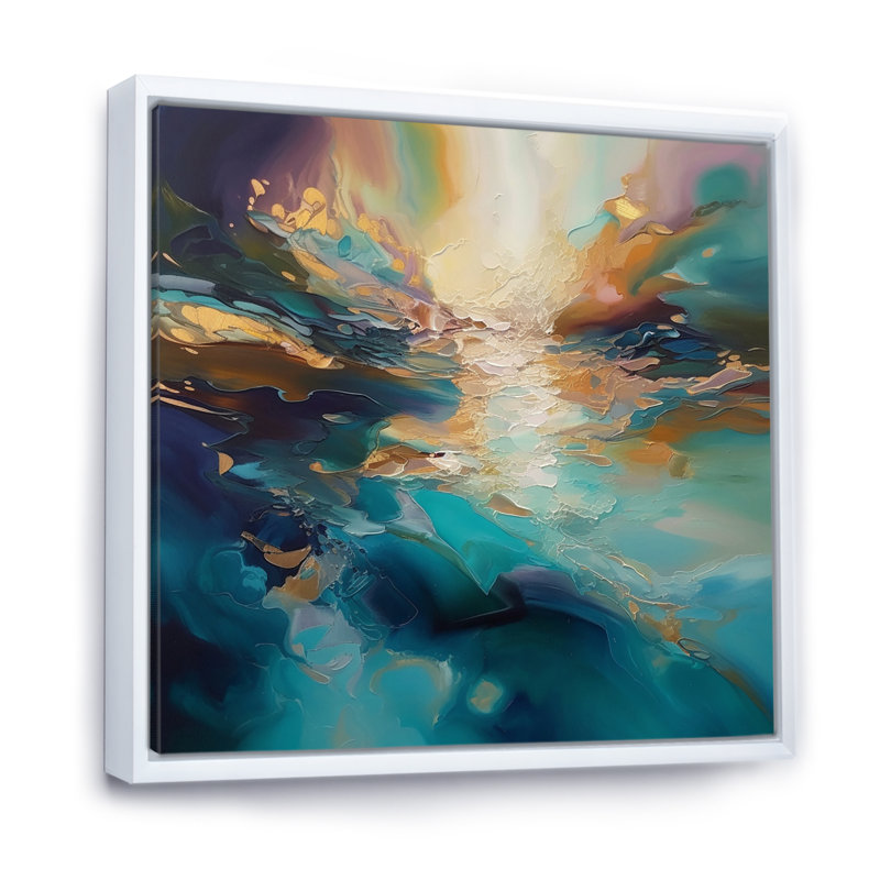 «Spiried Ocean Sunset in Shades of Blue I», art abstrait sur toile, paysage encadré, 16" H x 16" W, Cadre flottant blanc