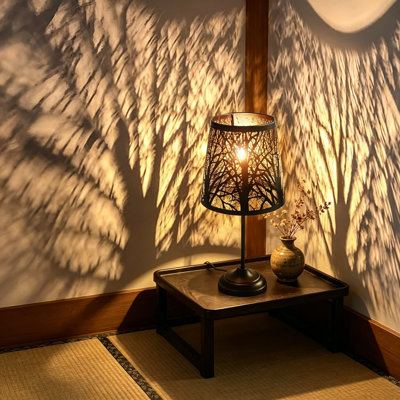 3 Level Dimmable Touch Table Lamp with Tree Pattern Shadow, Small Bedside Night Light for Kids, Vintage Black Metal Accent Decor Lamp for Bedroom Living Room Indoor Mood Lighting